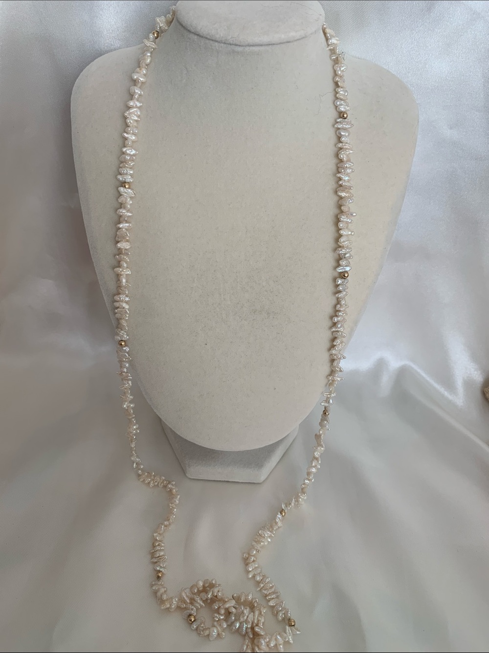 Genuine Freshwater Rice Pearl Long Strand Necklace - Cream with Gold Accents